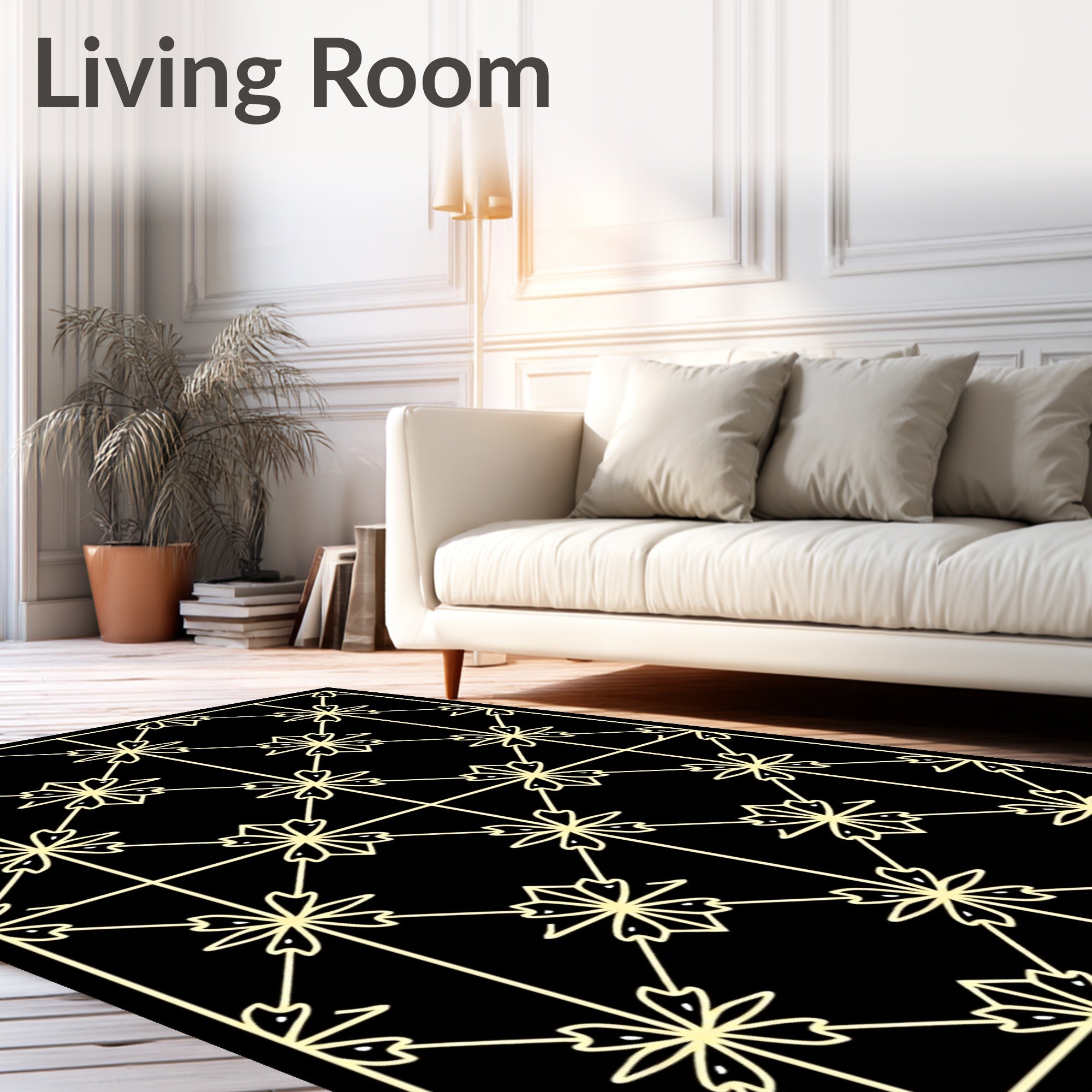 Cream Floral Diamond Lattice Black Rug