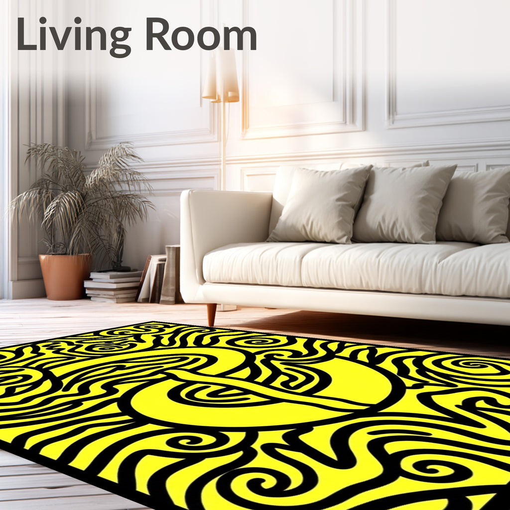 Bright Yellow Black Organic Swirl Rug