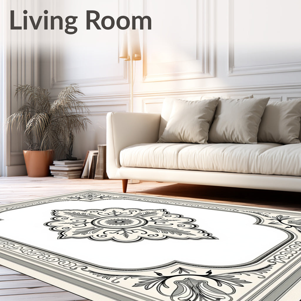 Cream and Gray Floral Medallion Frame Rug