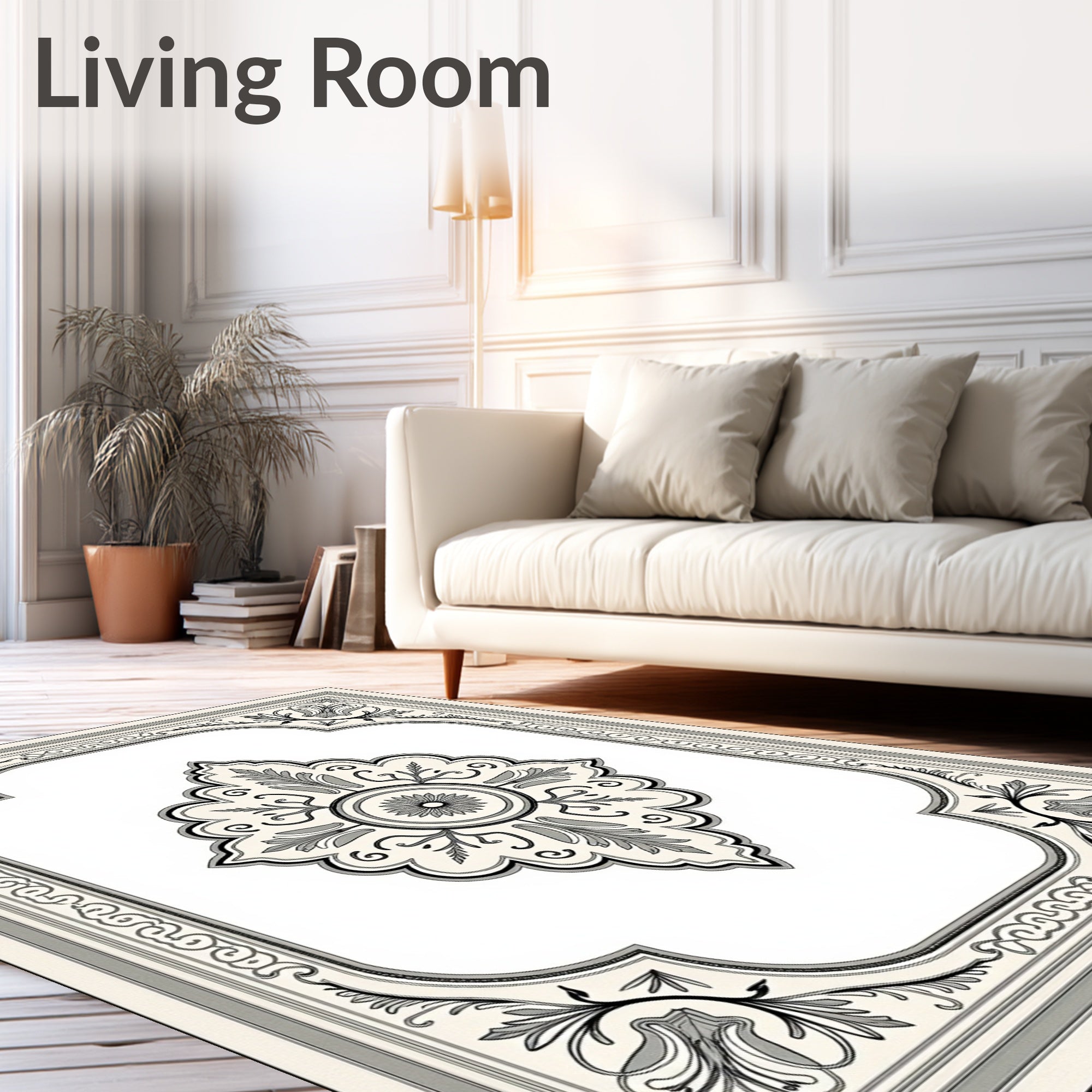 Cream and Gray Floral Medallion Frame Rug