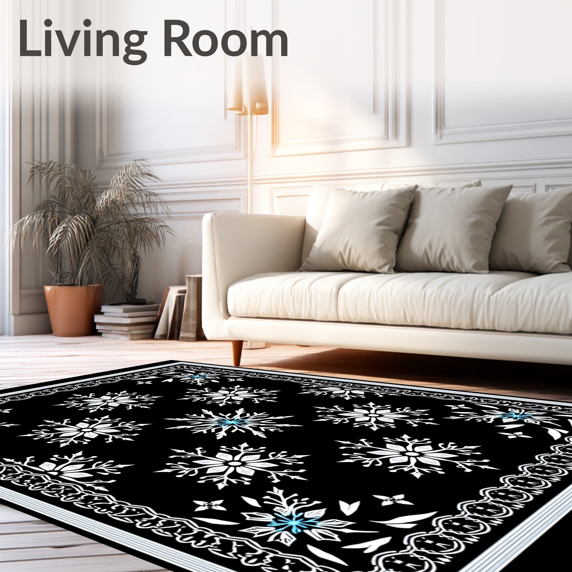 Black White Snowflake Ornate Border Rug
