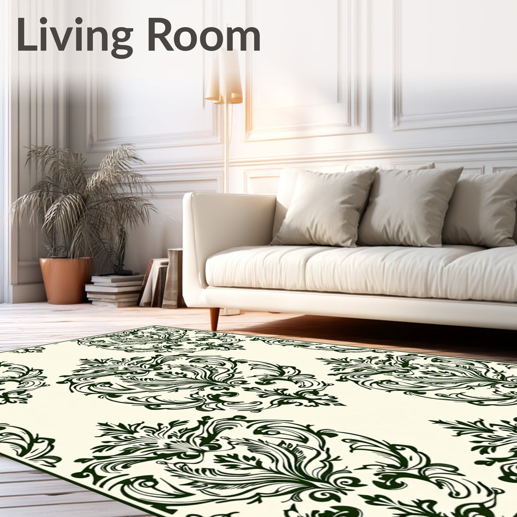 Deep Forest Green Damask Scroll Rug