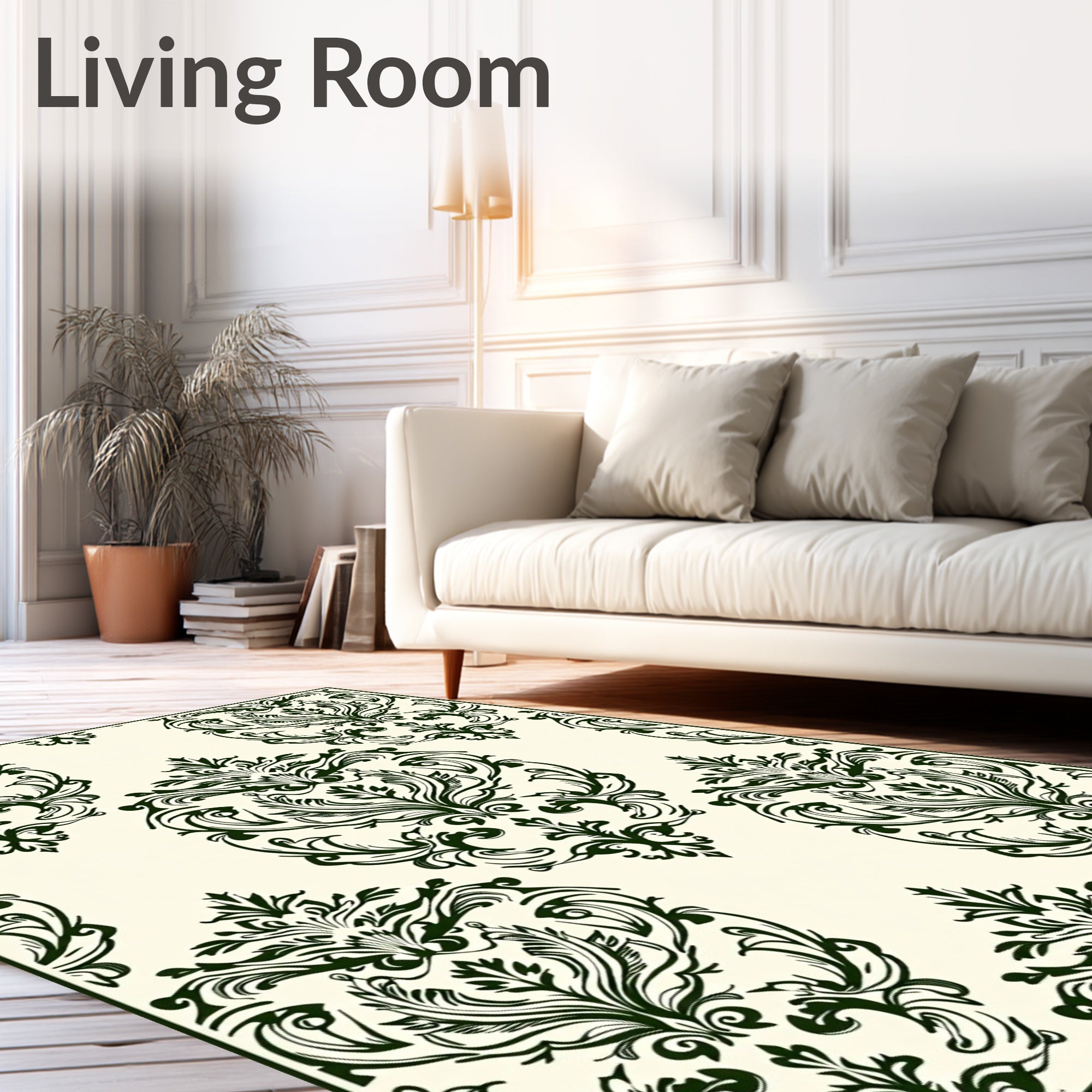 Deep Forest Green Damask Scroll Rug