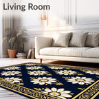 Navy White Floral Gold Medallion Rug