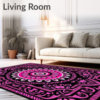 Vibrant Pink Floral Mandala Black Rug