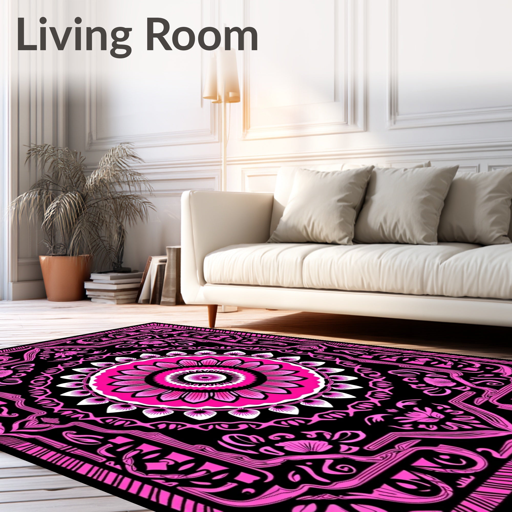 Vibrant Pink Floral Mandala Black Rug