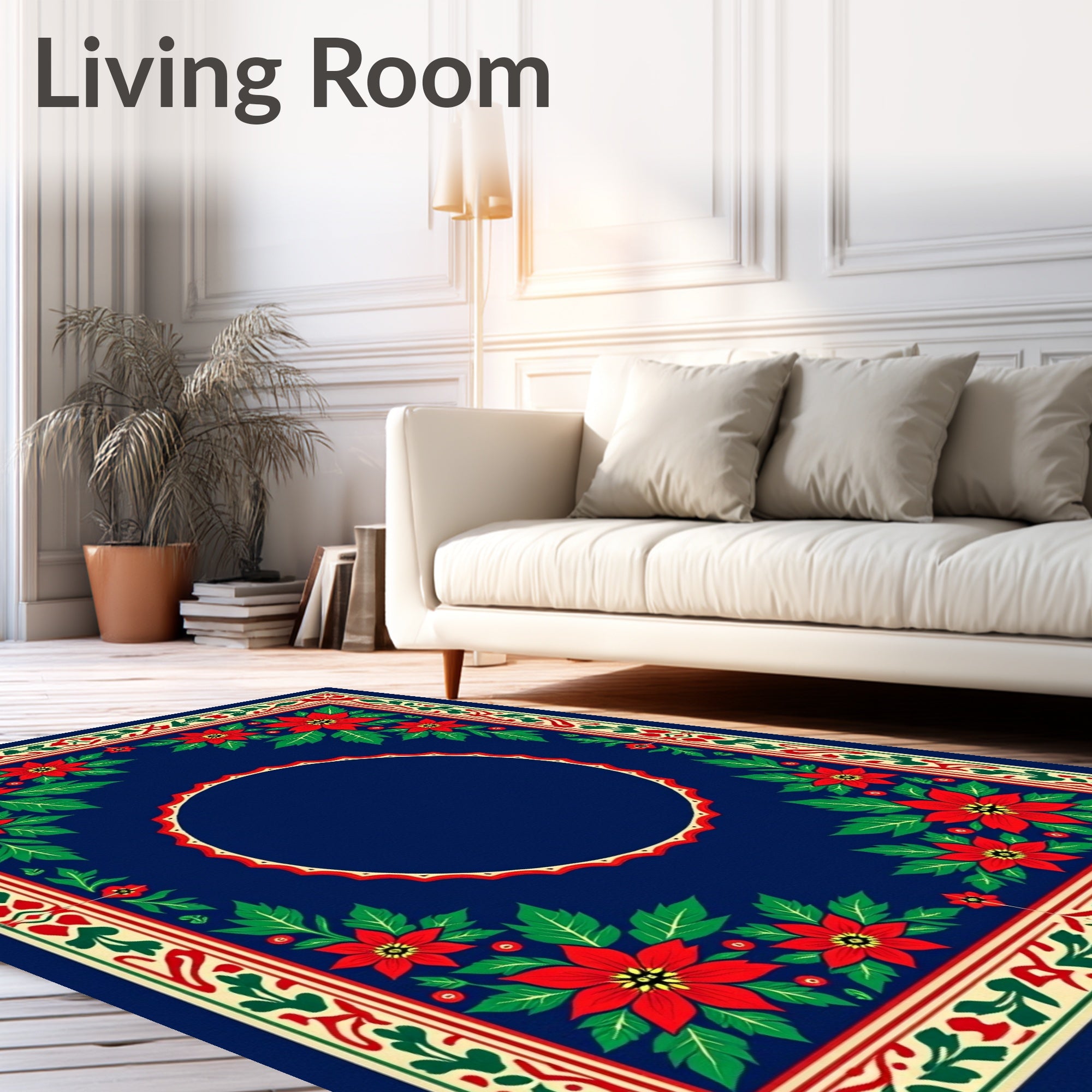 Crimson Floral Bordered Navy Square Rug