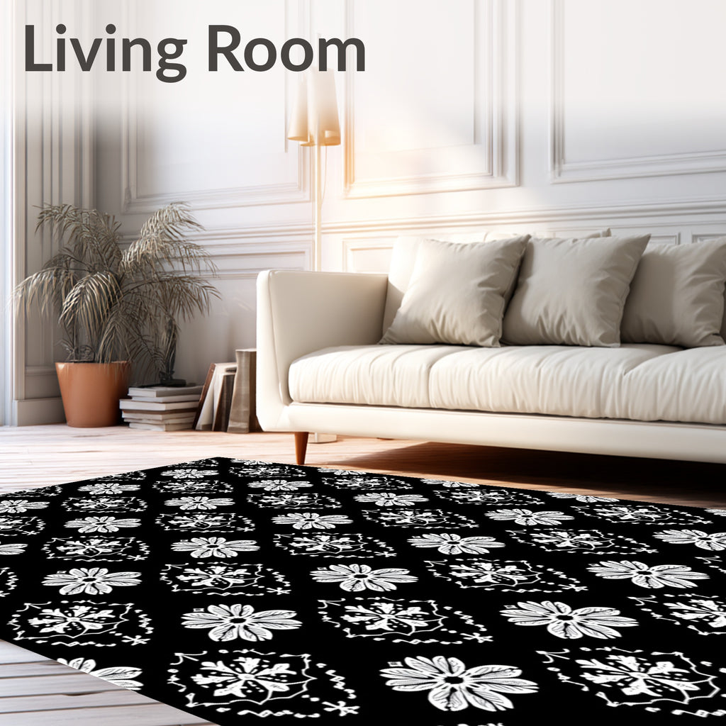 Black White Floral Damask Medallion Rug