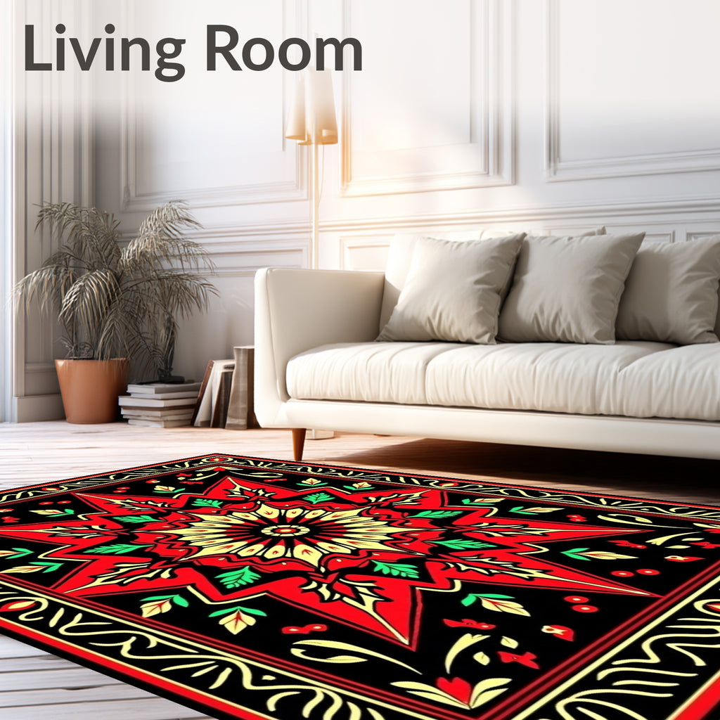 Bold Red Sunburst Floral Frame Rug