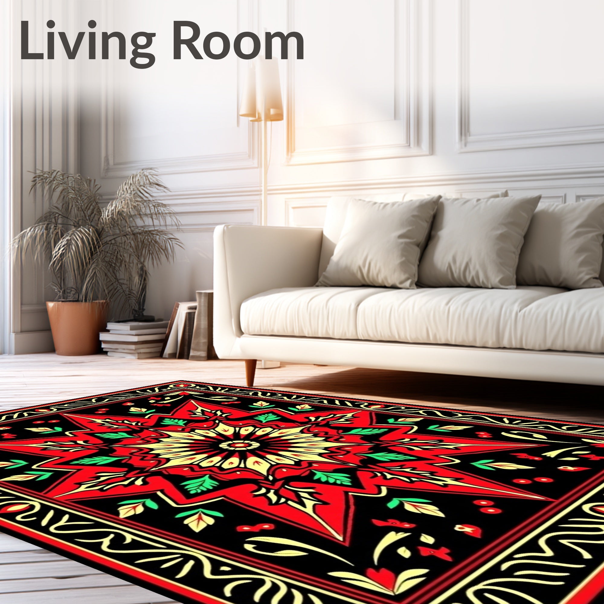 Bold Red Sunburst Floral Frame Rug