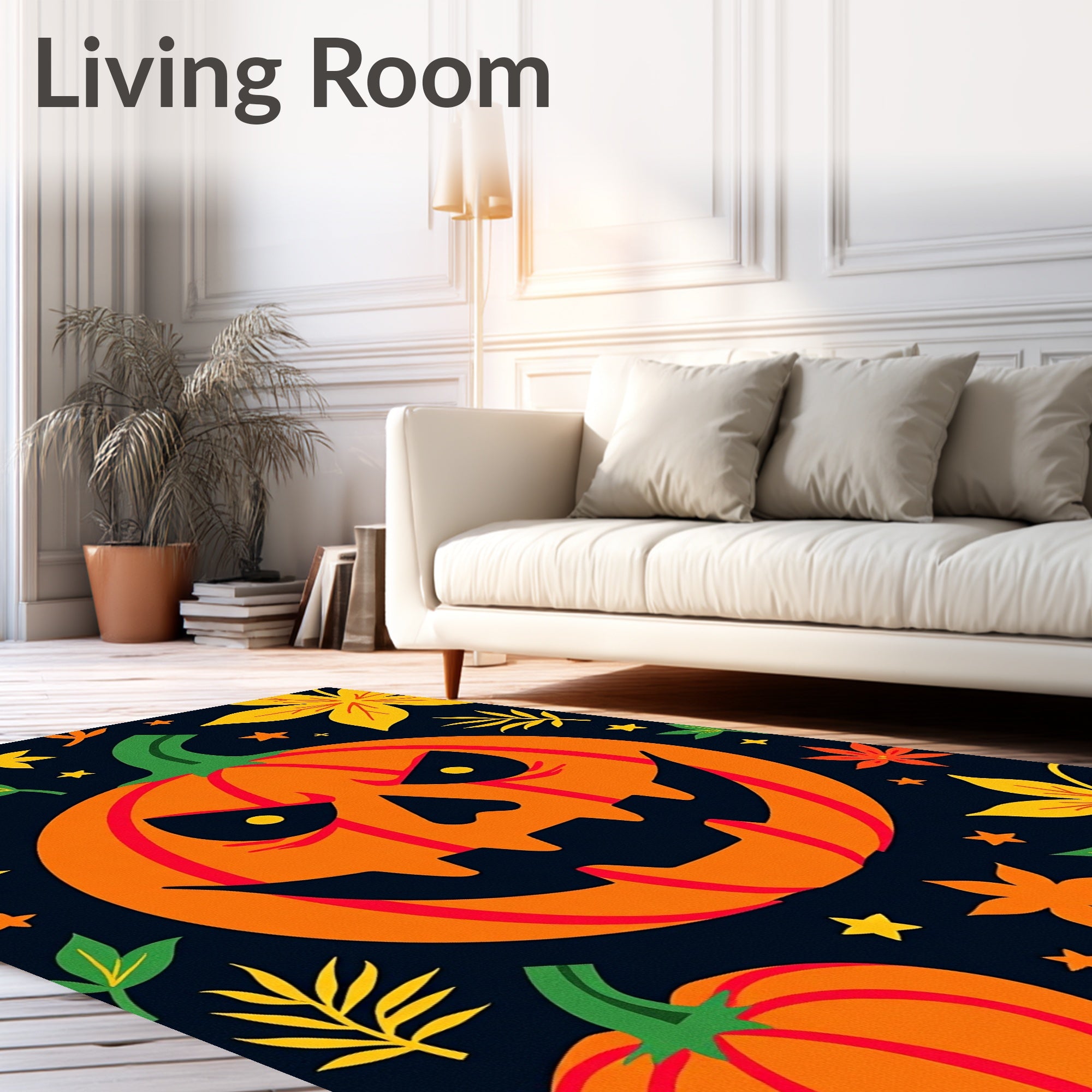 Spooky Orange Pumpkin Autumn Leaves Rug