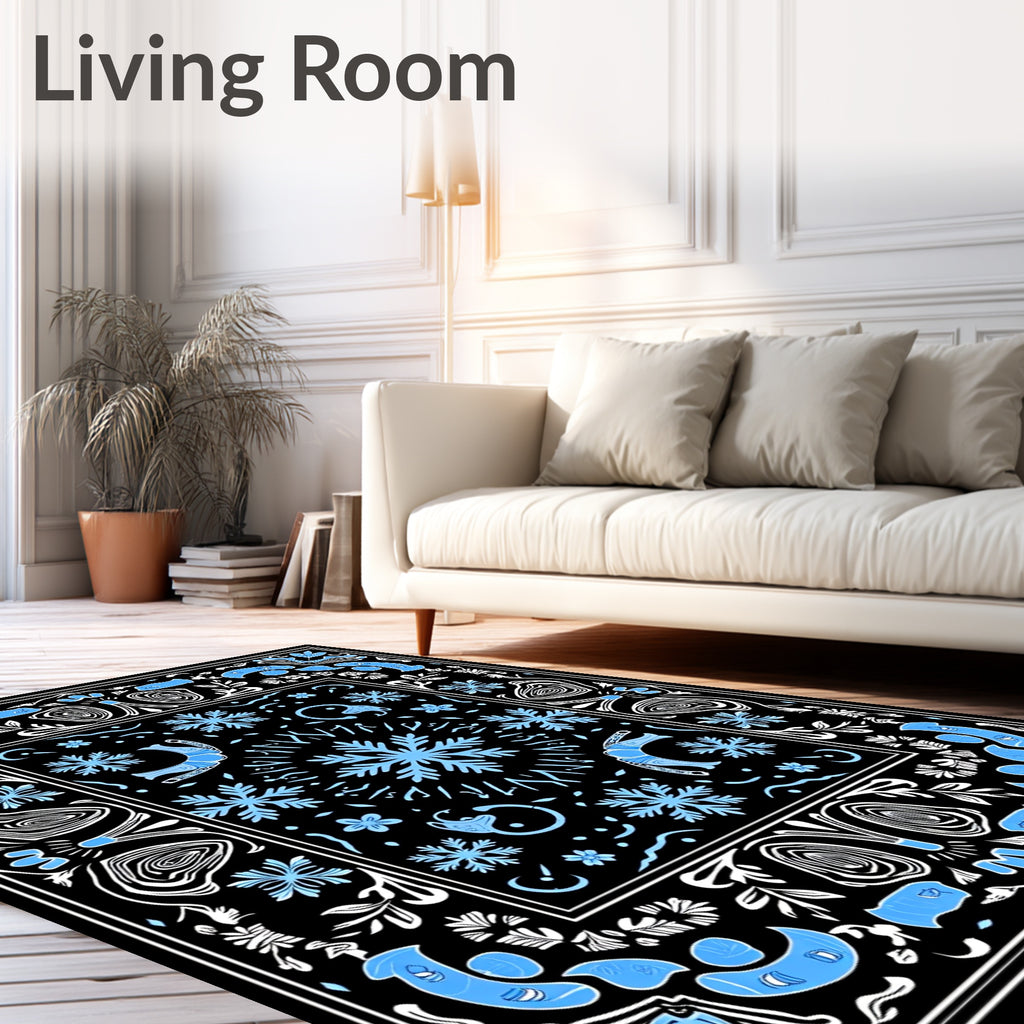 Light Blue Snowflake Black Border Rug