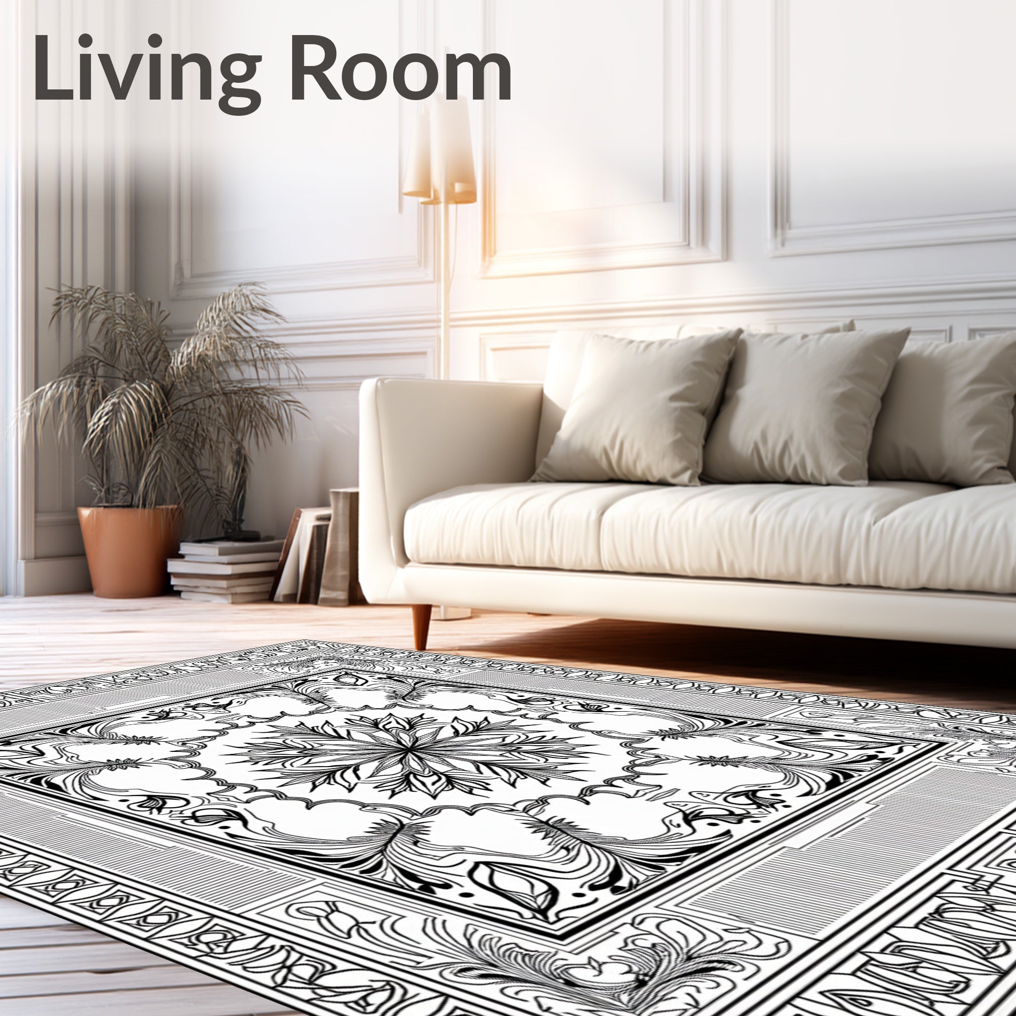 Intricate Black White Floral Mandala Art Rug