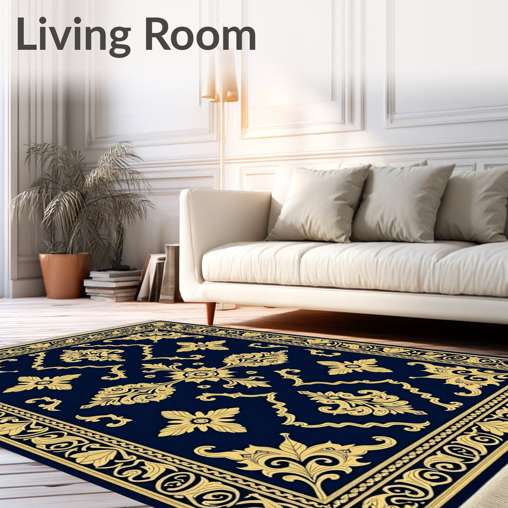Navy Gold Rococo Floral Garden Rug