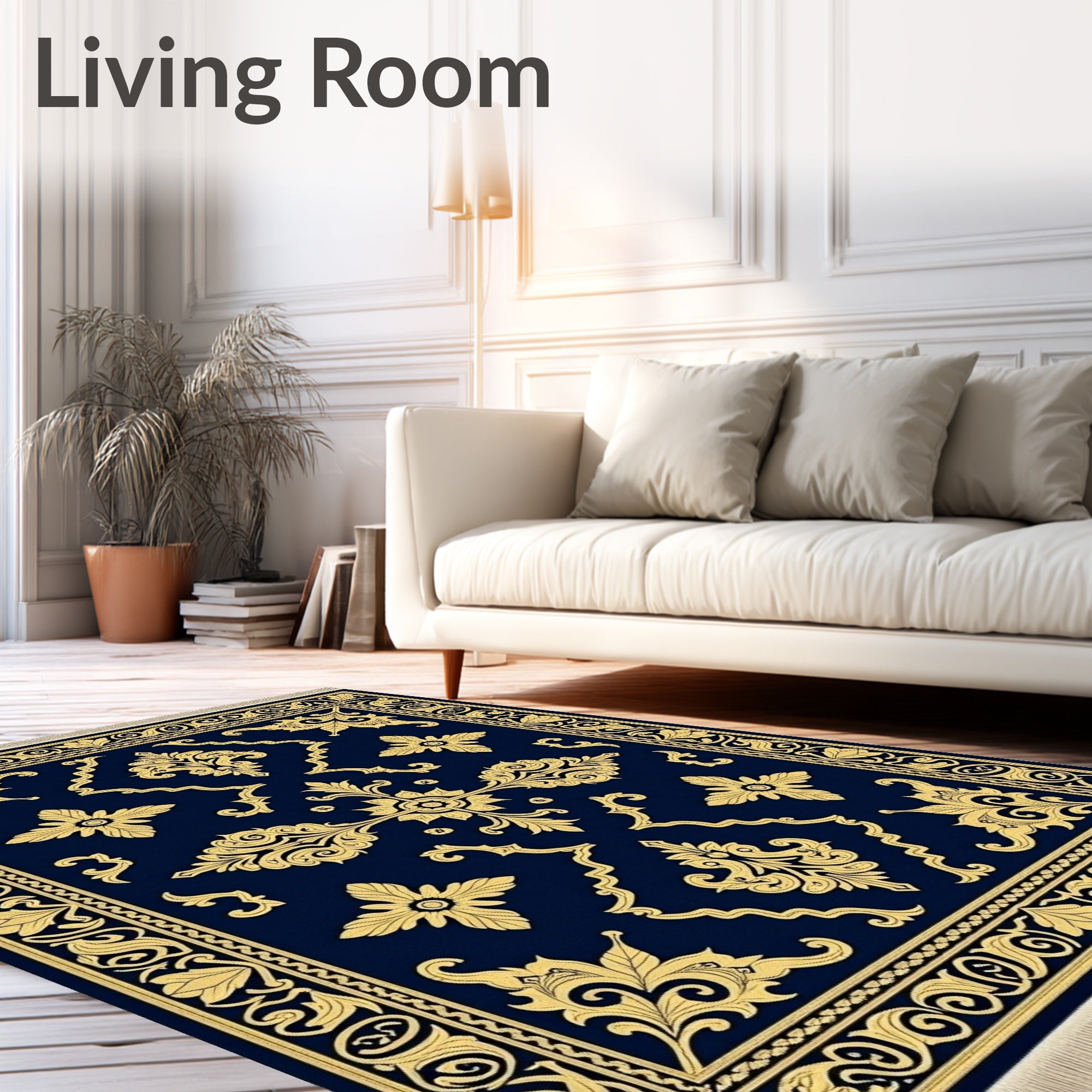Navy Gold Rococo Floral Garden Rug