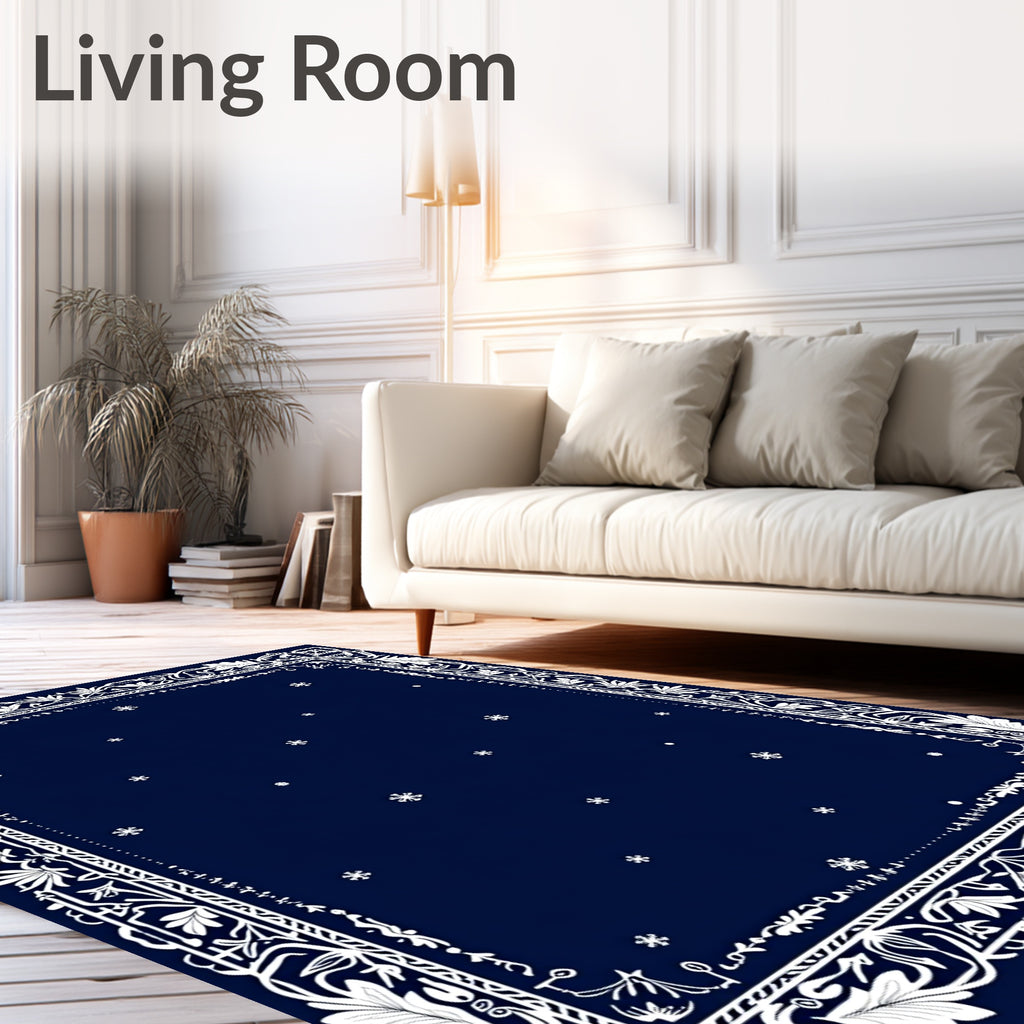 Elegant Dark Blue Snowflake Border Rug