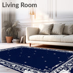 Elegant Dark Blue Snowflake Border Rug