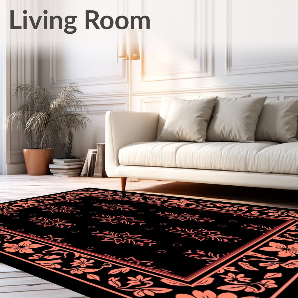Coral Floral Bordered Black Rug