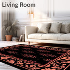 Coral Floral Bordered Black Rug