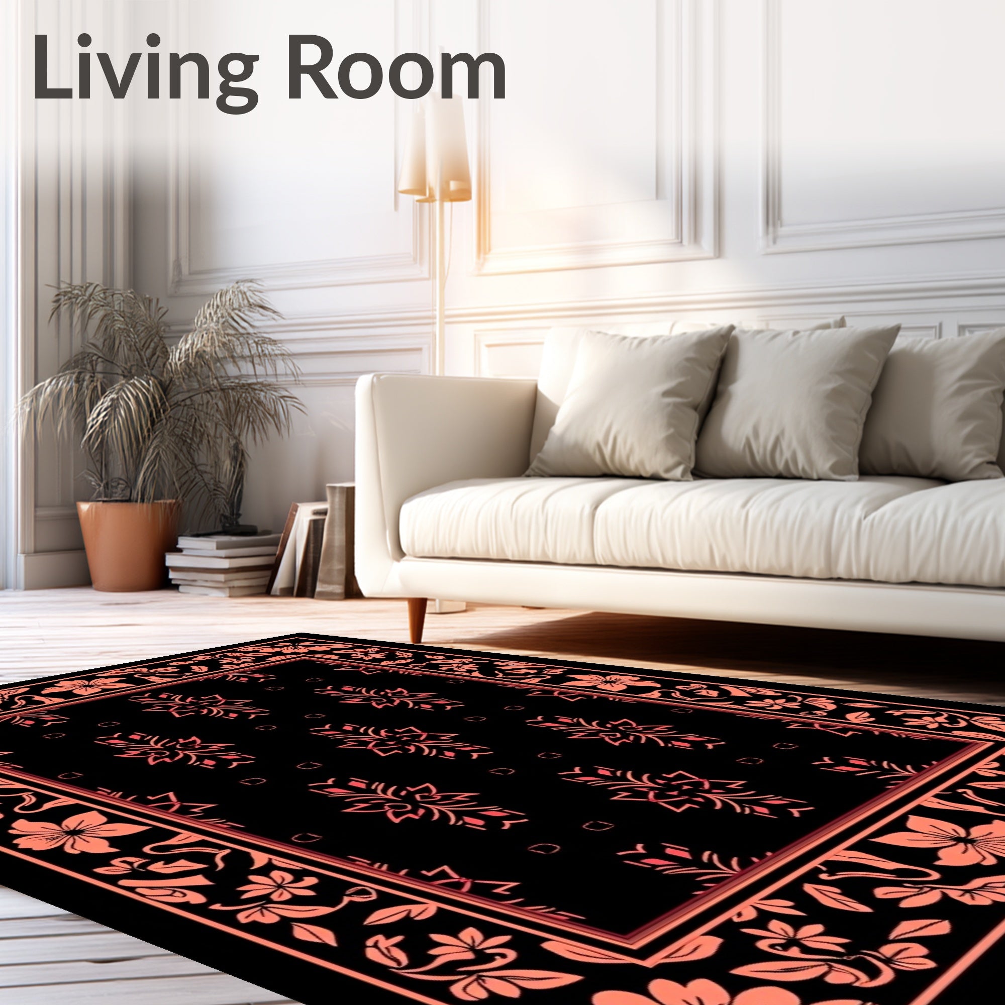 Coral Floral Bordered Black Rug