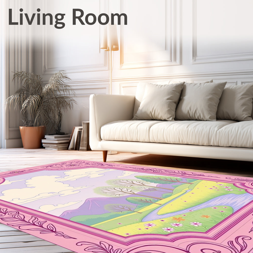Pastel Pink Ornate Landscape Scene Rug