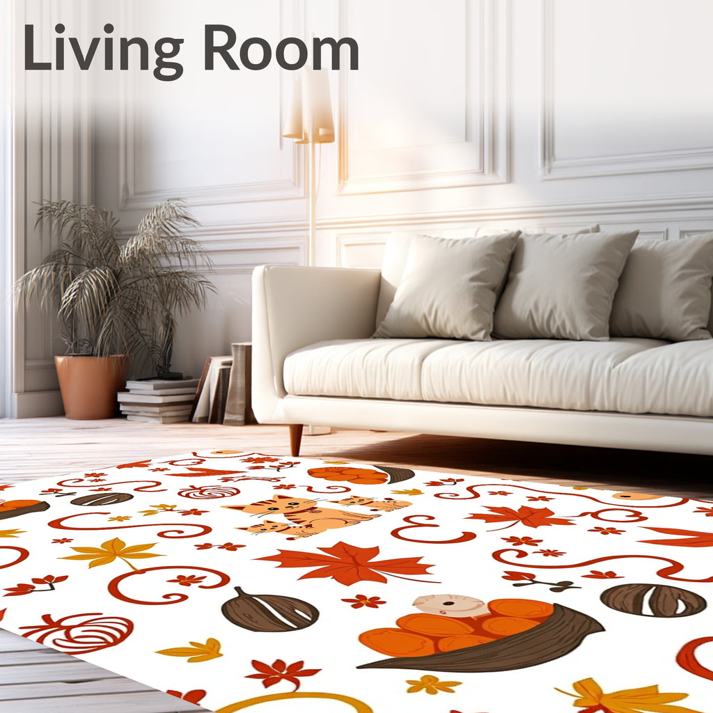 Autumn Kittens Maple Leaves Pumpkin Swirls Rug