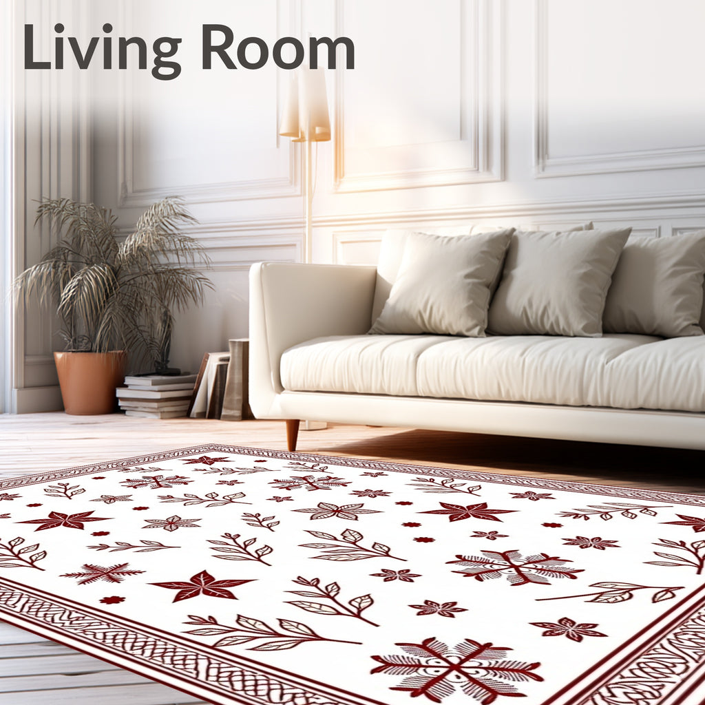 Maroon Snowflake Leaf Garland Border Rug