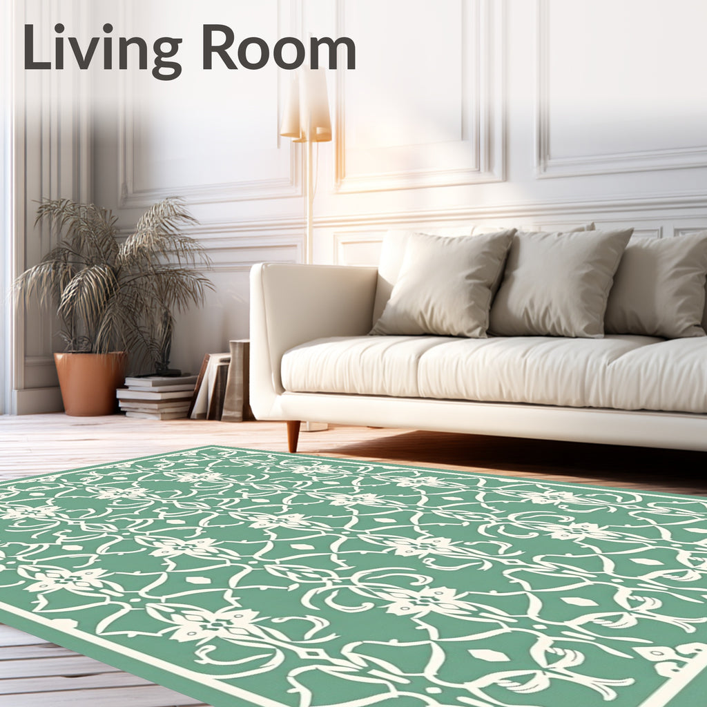 Serene Teal White Filigree Damask Rug