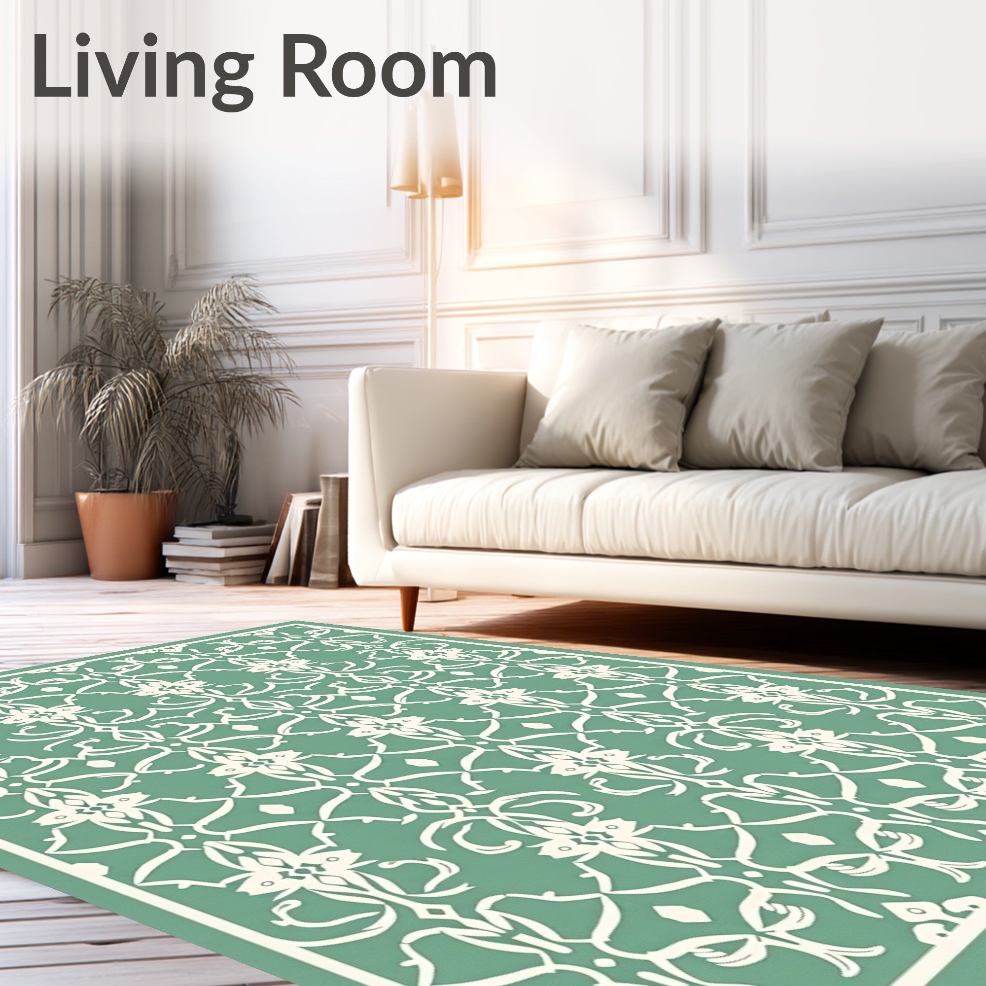 Serene Teal White Filigree Damask Rug