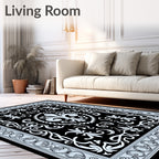 Black Fleur de Lis Scroll Border Rug