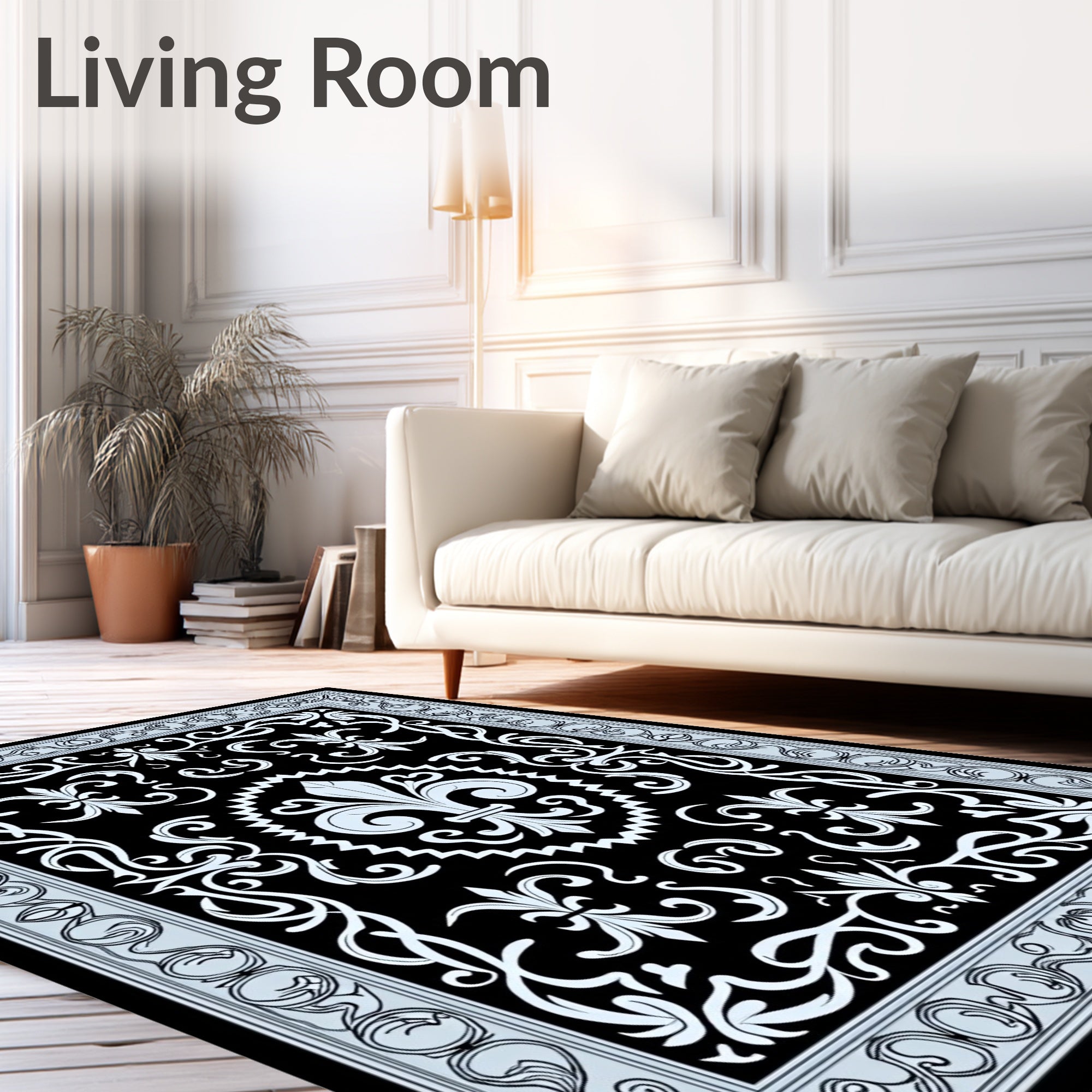 Black Fleur de Lis Scroll Border Rug