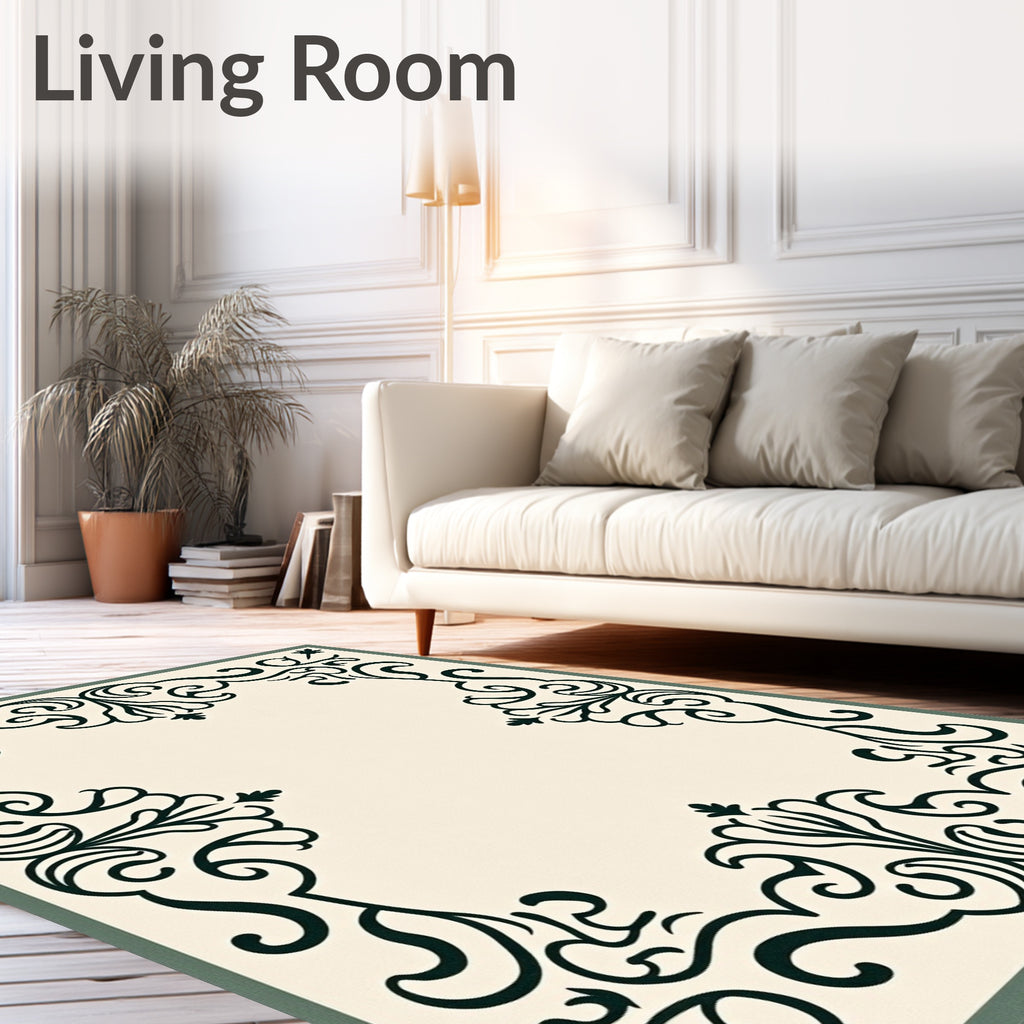 Cream Dark Green Scrollwork Frame Rug