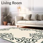 Cream Dark Green Scrollwork Frame Rug