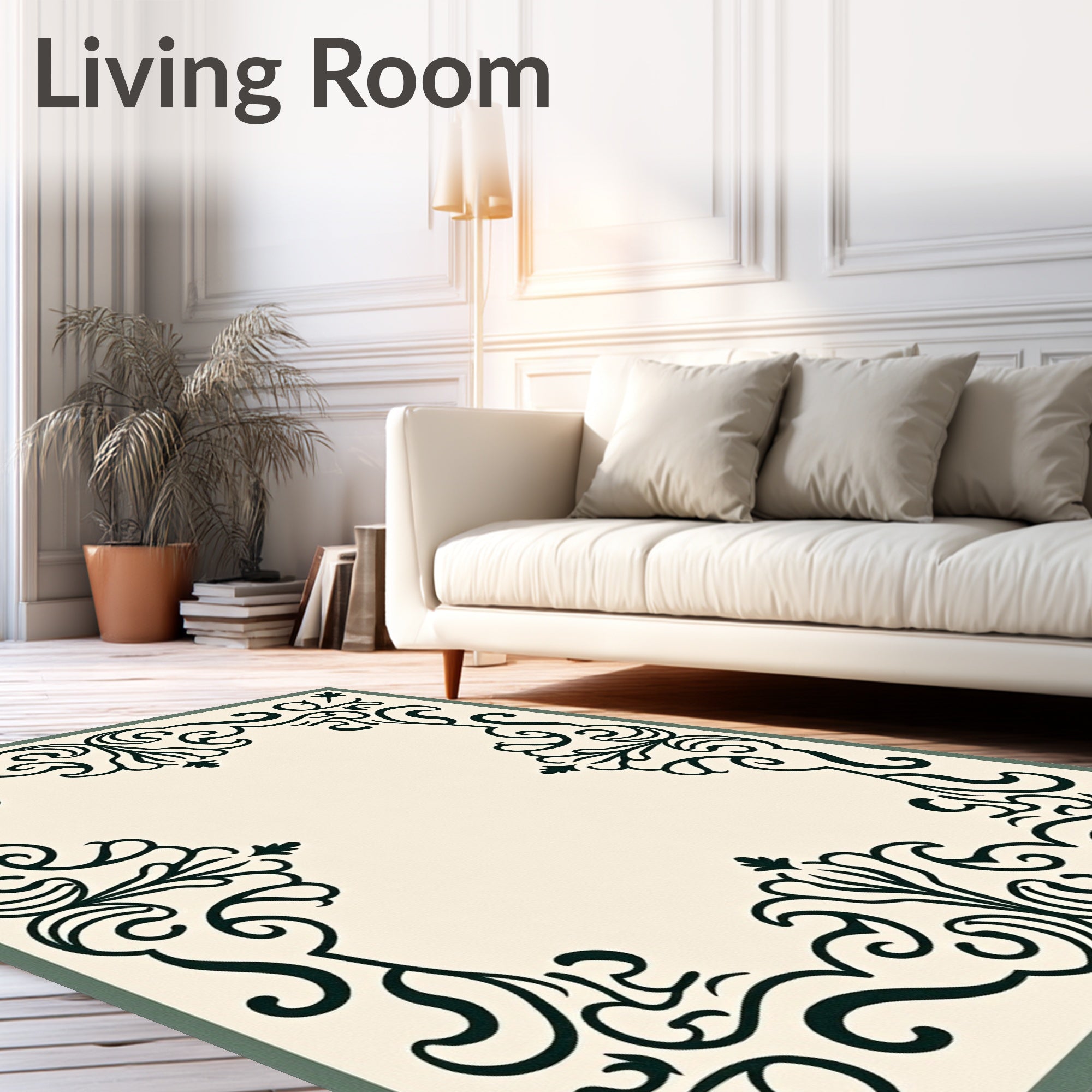 Cream Dark Green Scrollwork Frame Rug