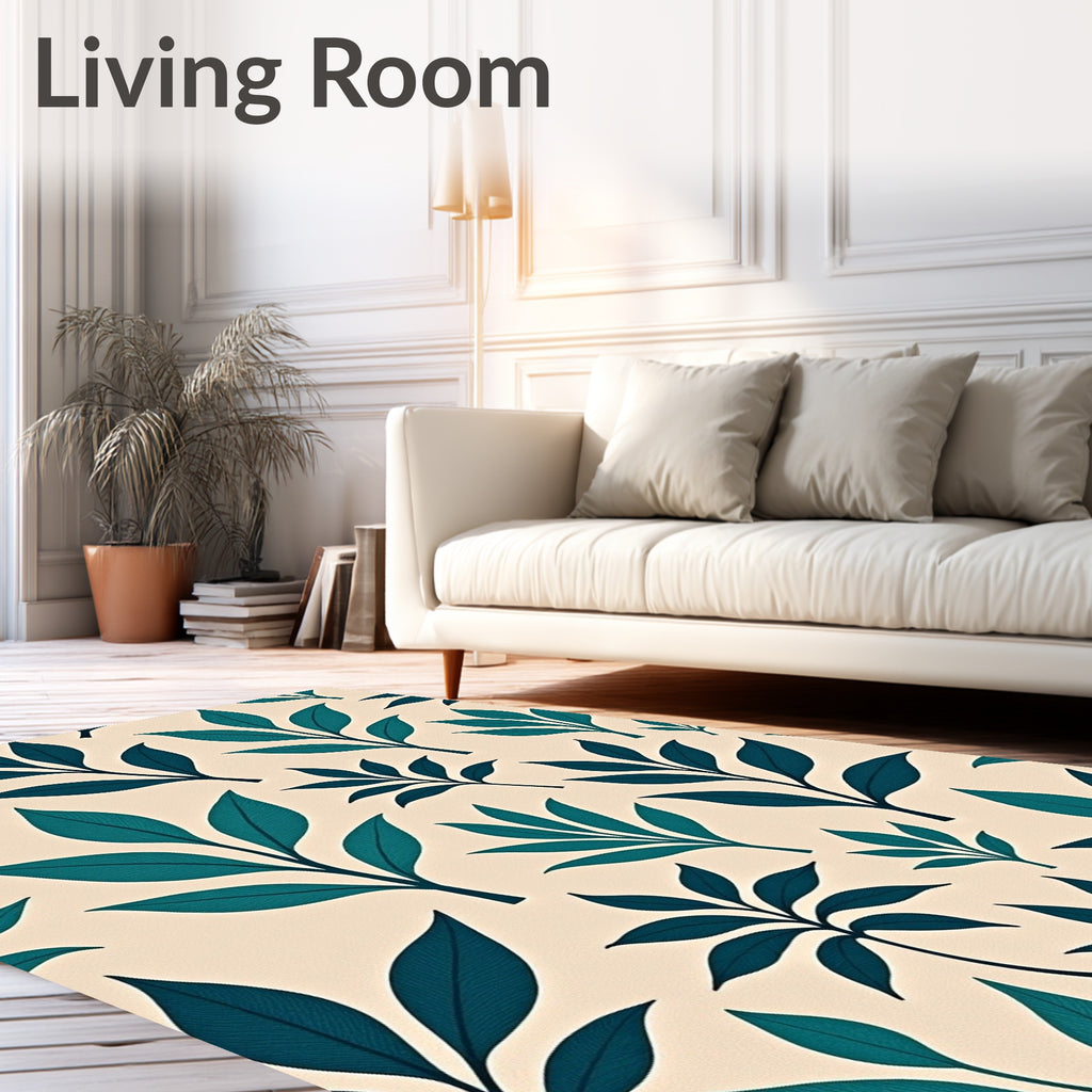 Teal Leaf Pattern On Cream Background Rug
