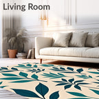 Teal Leaf Pattern On Cream Background Rug