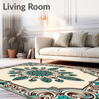 Turquoise Brown Floral Medallion Border Rug
