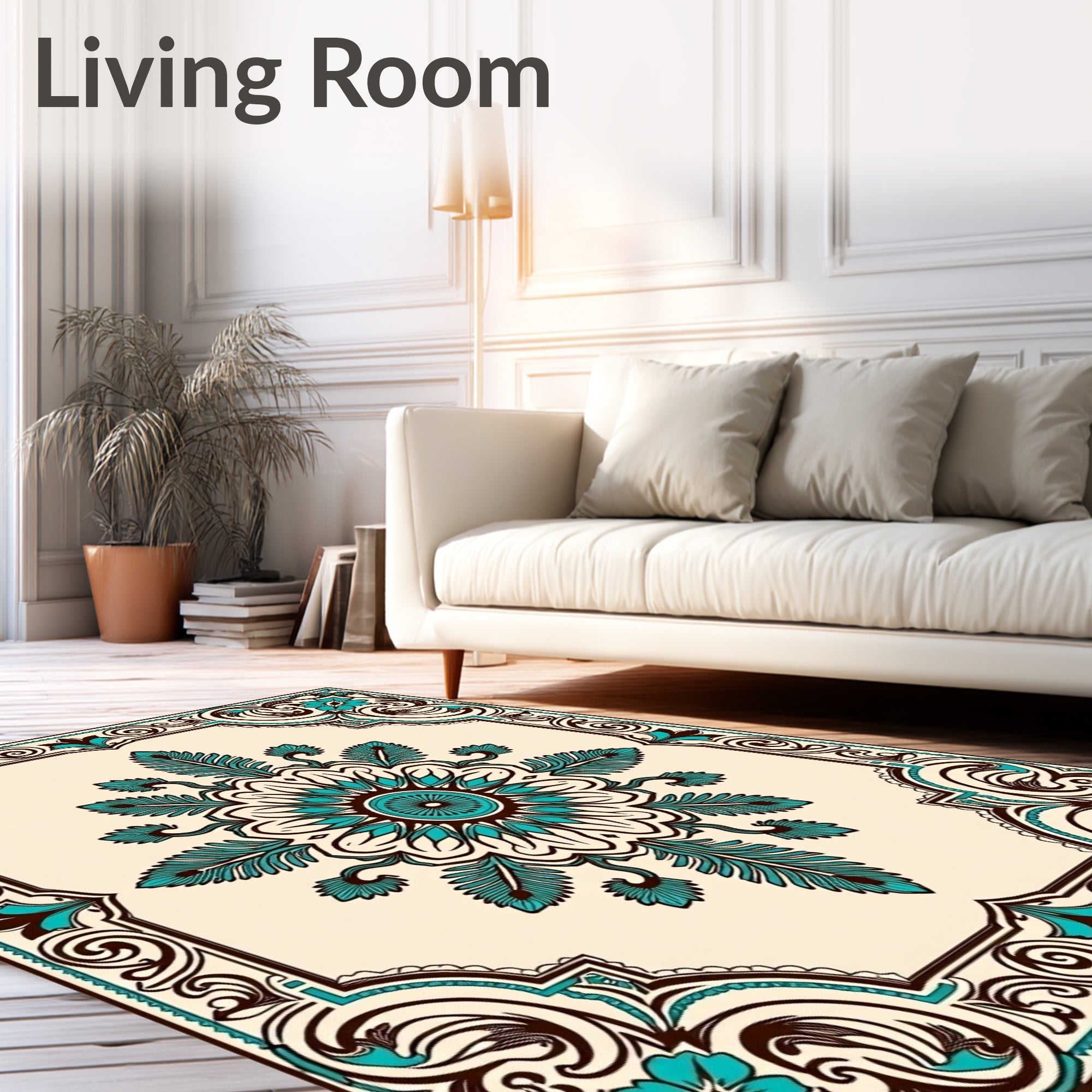 Turquoise Brown Floral Medallion Border Rug