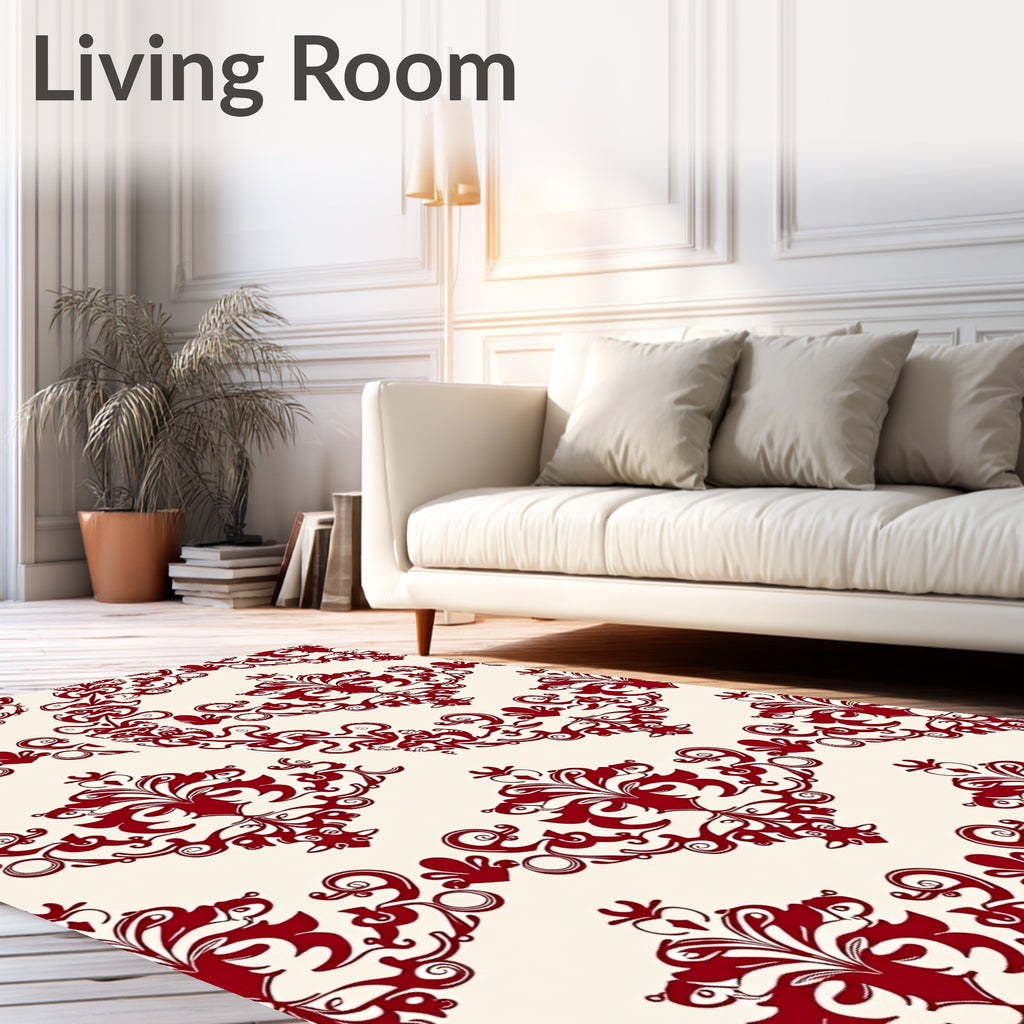 Crimson Floral Damask Scrollwork Rug