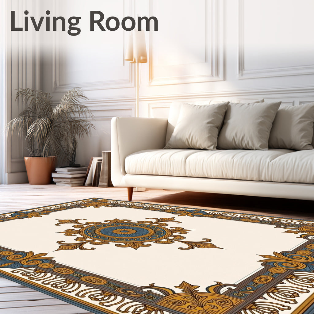 Ornate Gold Blue Medallion Frame Rug
