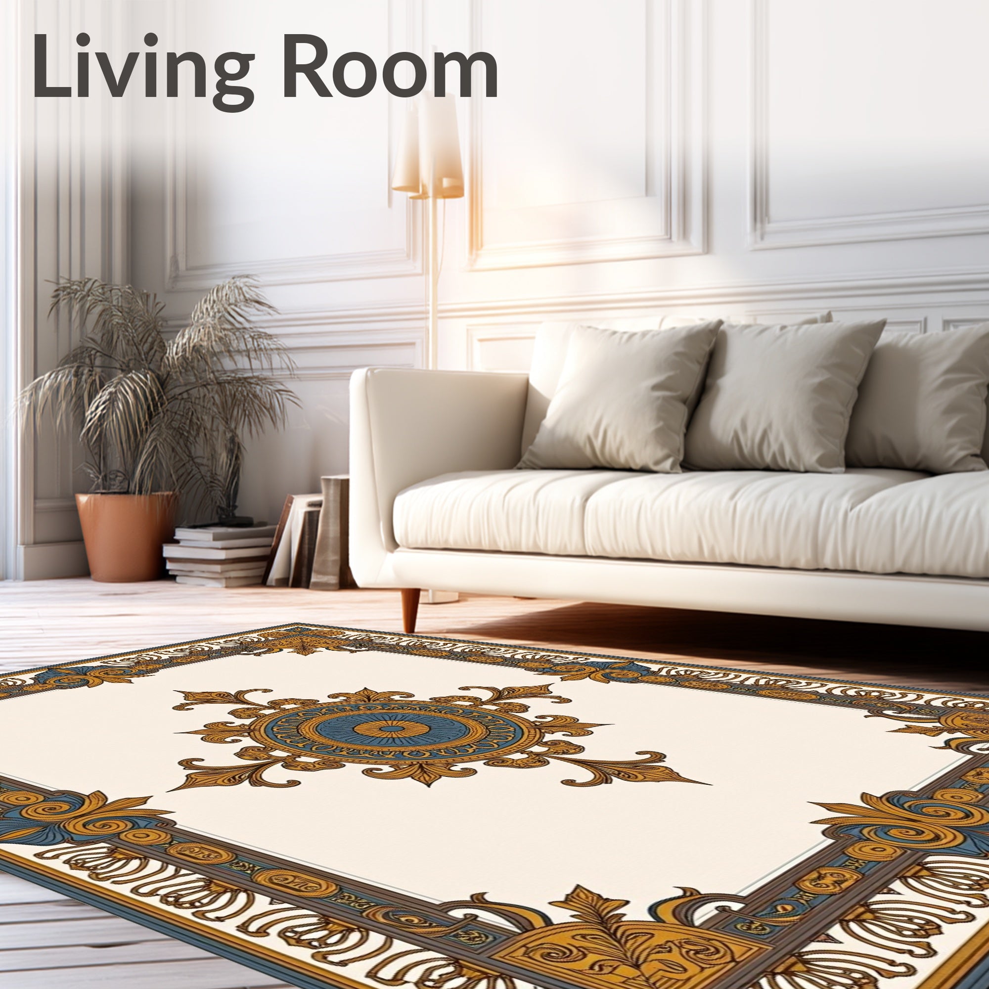 Ornate Gold Blue Medallion Frame Rug