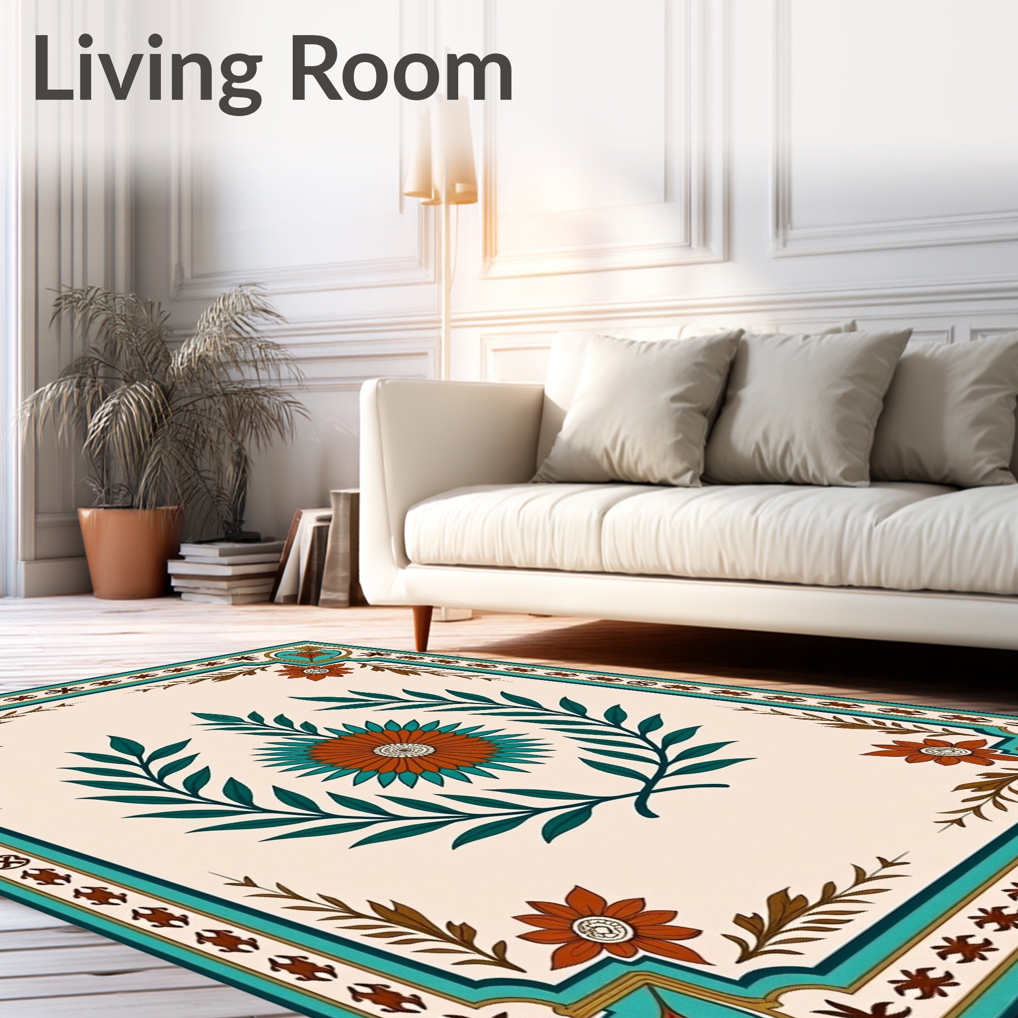 Terracotta Peacock Floral Laurel Frame Rug