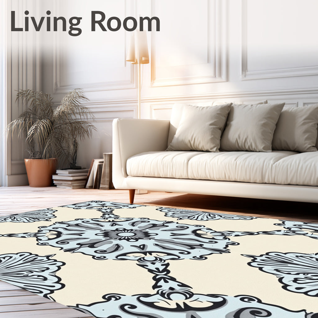 Light Blue Scrollwork Damask Medallion Rug