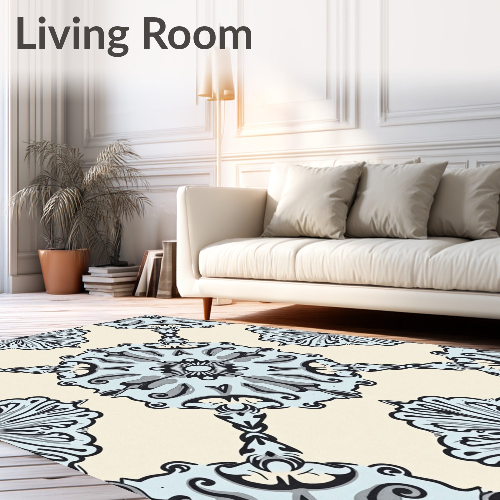 Light Blue Scrollwork Damask Medallion Rug