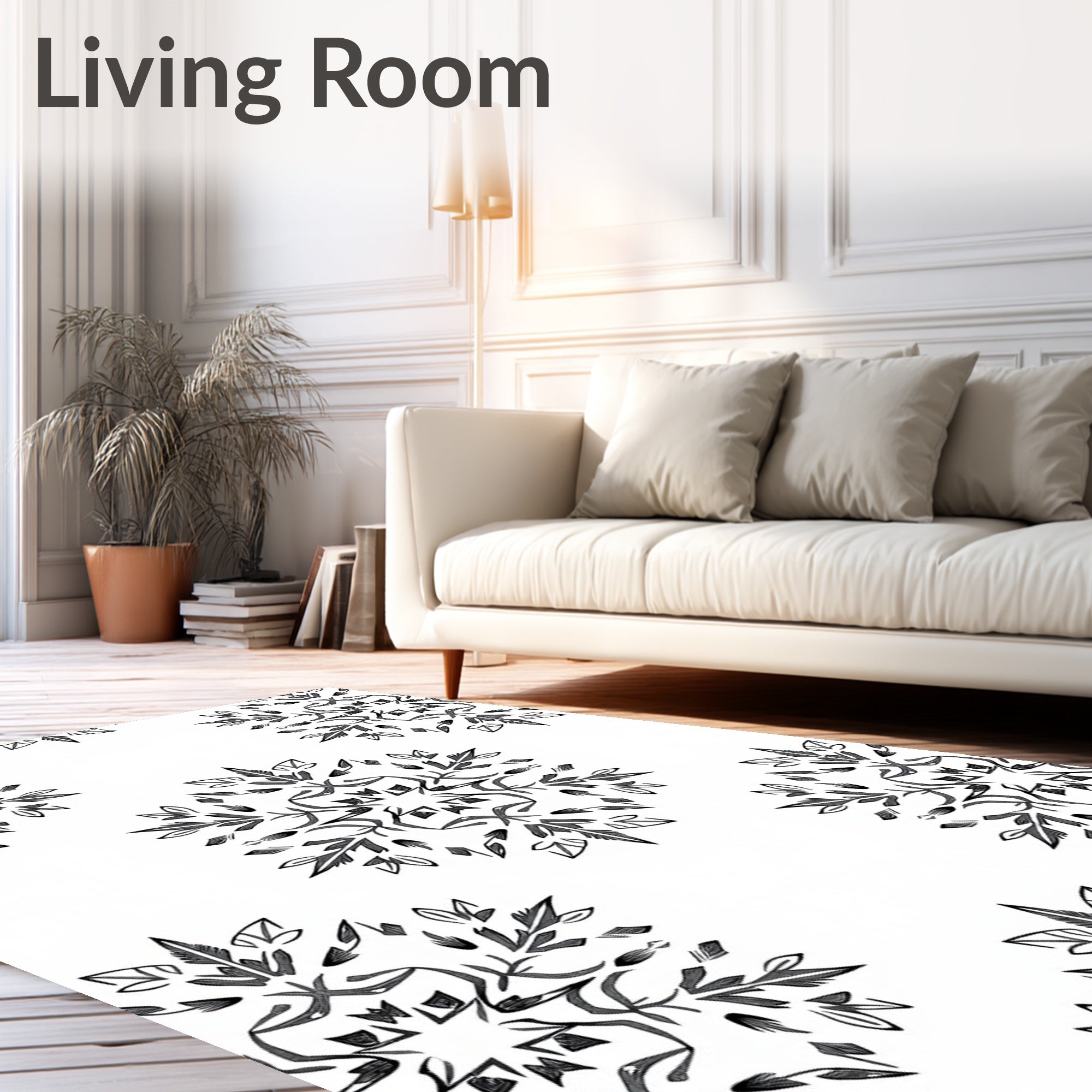 Monochromatic Black Leaf Mandala Rug