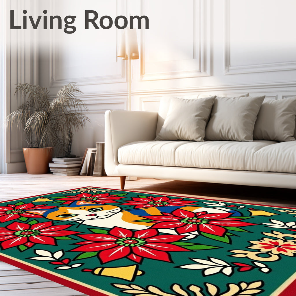 Festive Calico Cat Poinsettia Bells Border Rug