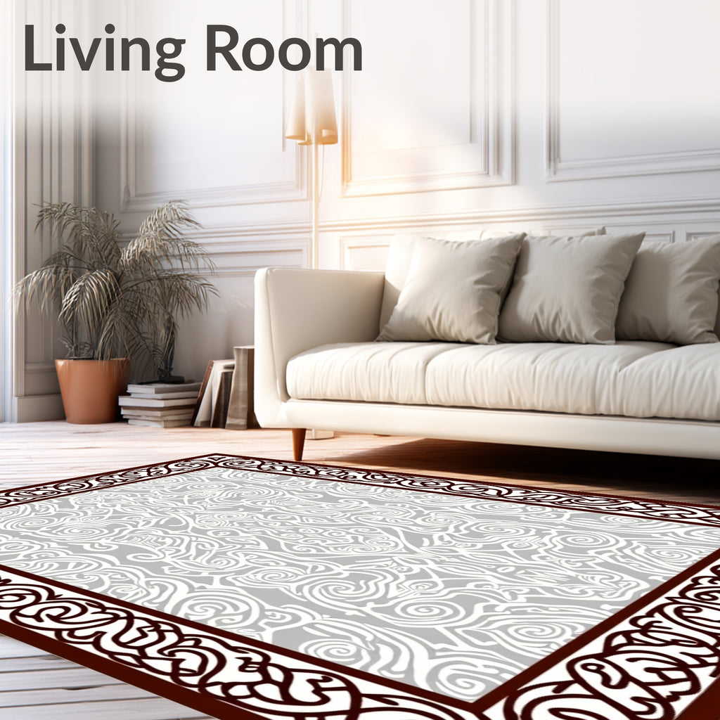 Brown Intricate Scrollwork Silver Border Rug