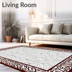 Brown Intricate Scrollwork Silver Border Rug