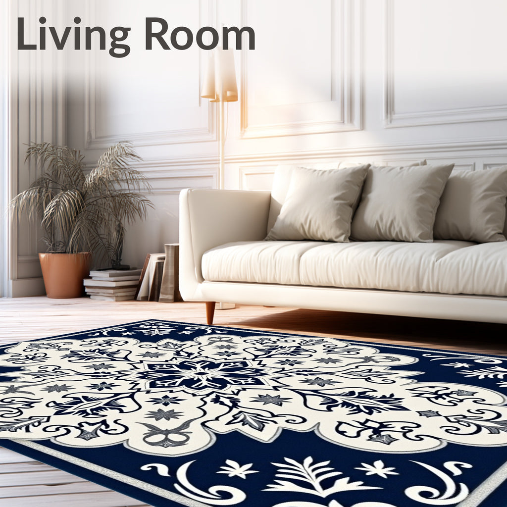 Elegant Navy Cream Floral Medallion Rug