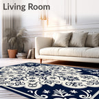 Elegant Navy Cream Floral Medallion Rug